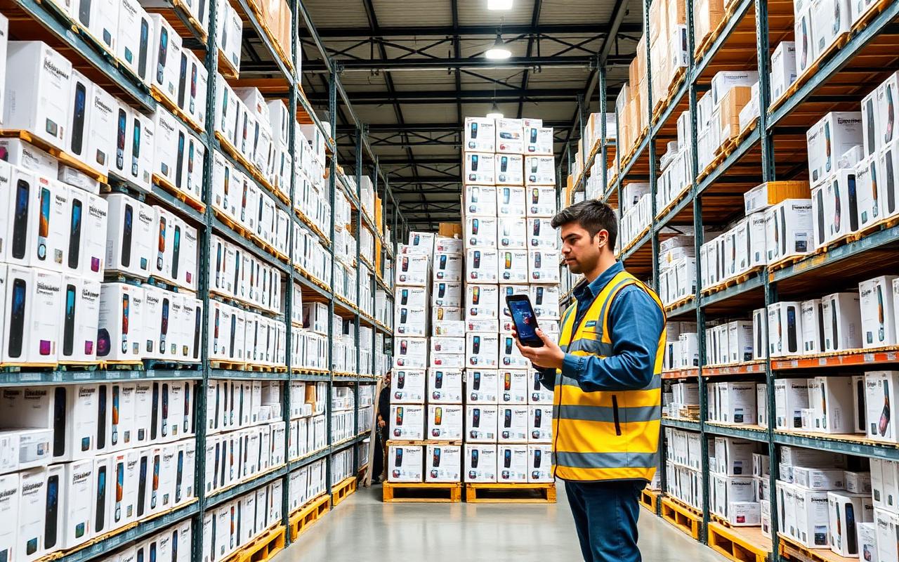 Warehouse team preparing boxed smartphones for lease
